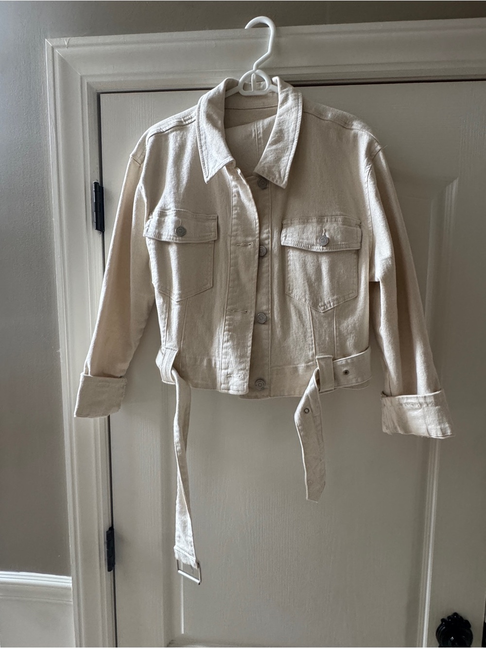 Habitual Women's Cream Belted Denim Jacket with pencil skirt to match